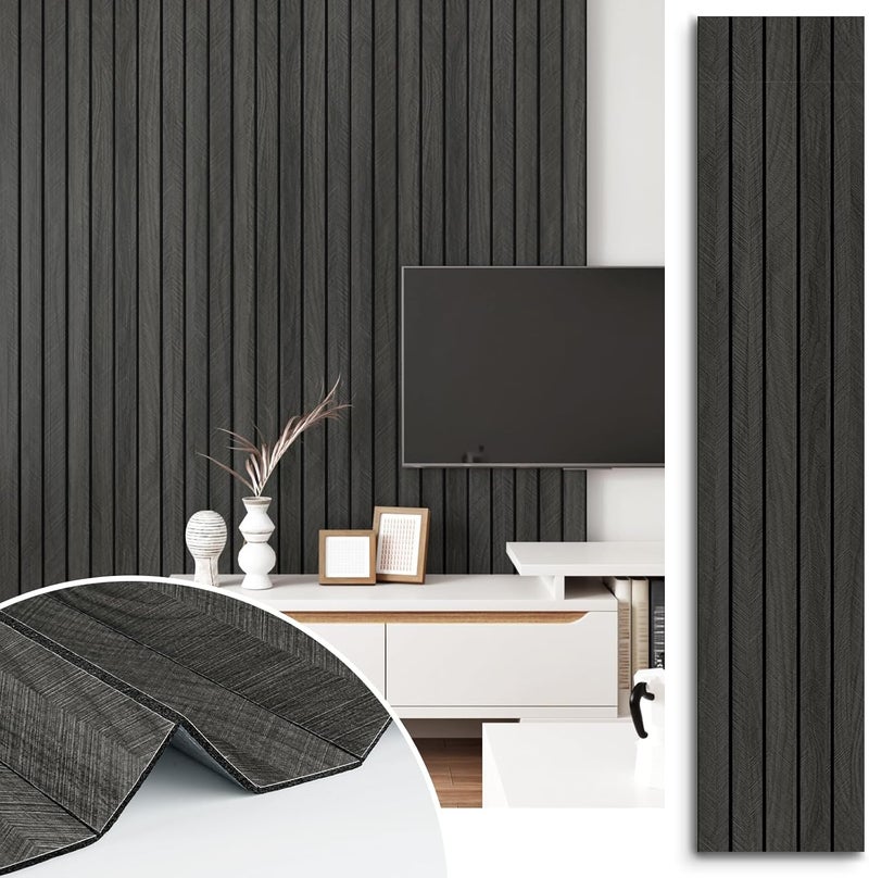 STICKEEP Grey/Black 3D Wood Panels for Wall Decor 200"x12" Peel and Stick Faux Wood Wall Panel Self Adhesive Soundproof Wooden Slats Paneling Wallpaper for Living Room Bedroom Office Work Shop - Image 1